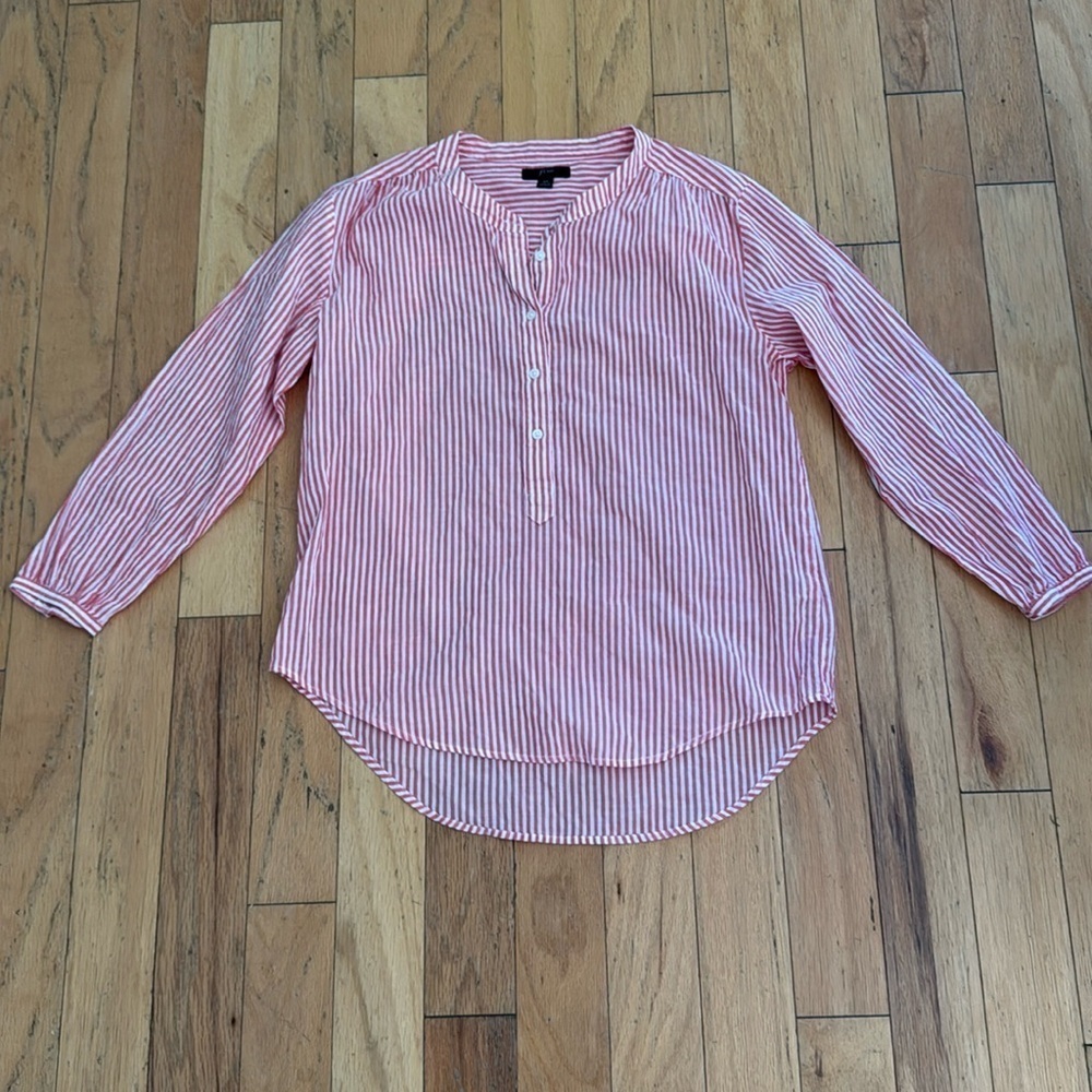 J Crew | Stripe Crinkle Pullover Blouse Shirt | Cotton | Coral & White | size XS